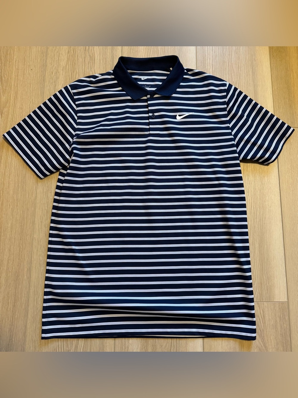 Nike Navy and White Striped Performance Polo
